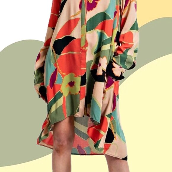 EASEL "The Downtowner" Challis Statement Shirt Dress Geo Print Hi Low Sexy Style - Picture 8 of 16